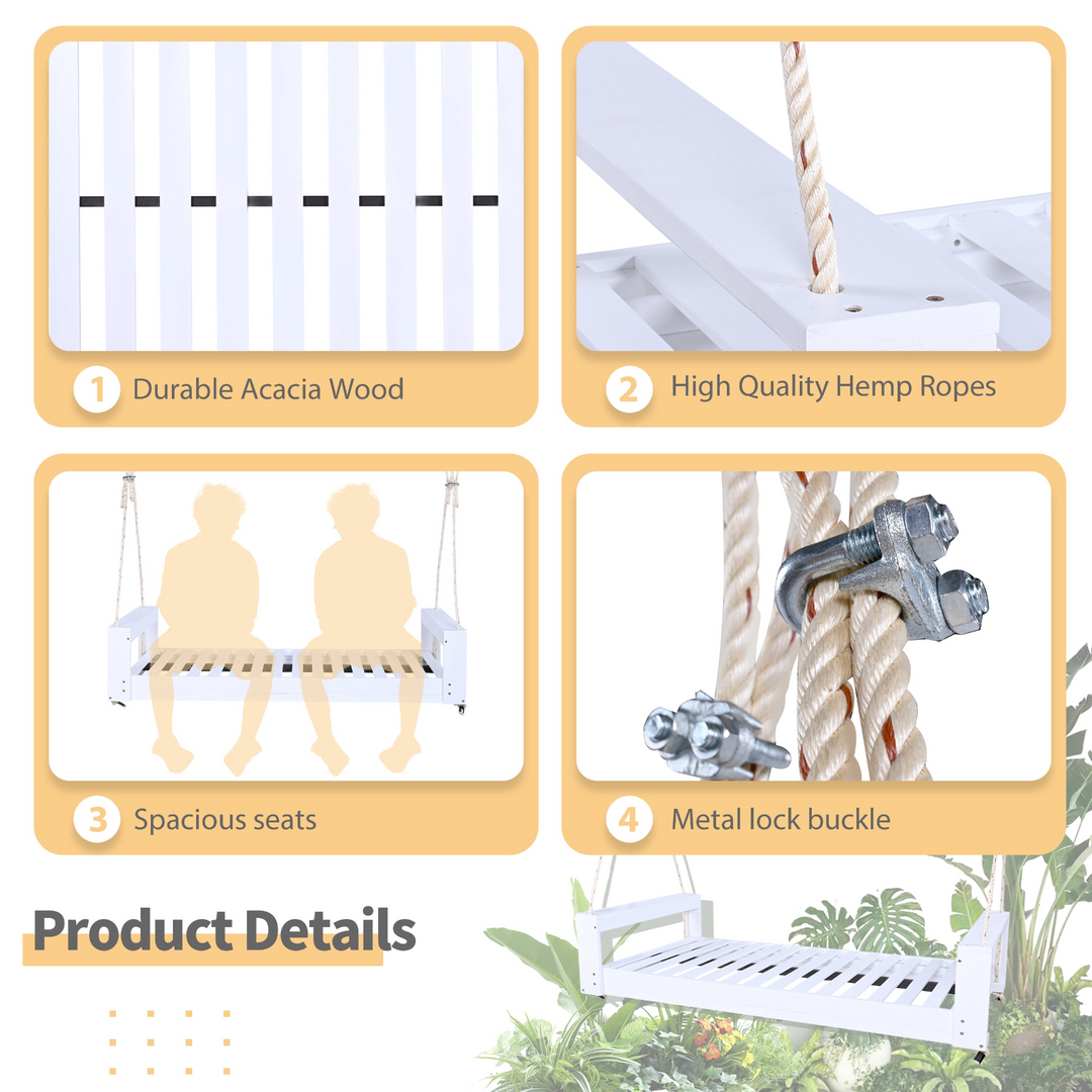 Twin Size Porch Swing Bed - Premium Acacia Wood Frame with Durable Hemp Ropes for Backyard Relaxation - Mediterranean Italian Contemporary Home Decor Furniture