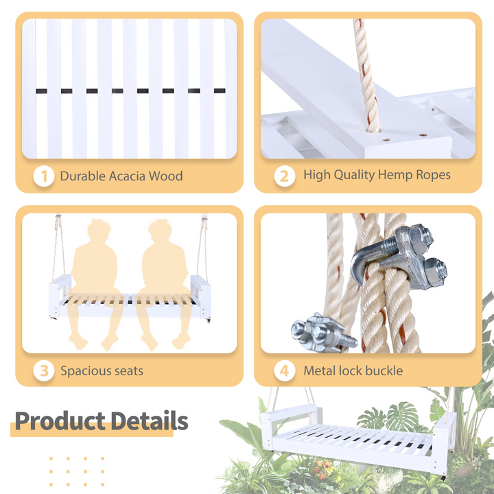 Twin Size Porch Swing Bed - Premium Acacia Wood Frame with Durable Hemp Ropes for Backyard Relaxation - Mediterranean Italian Contemporary Home Decor Furniture