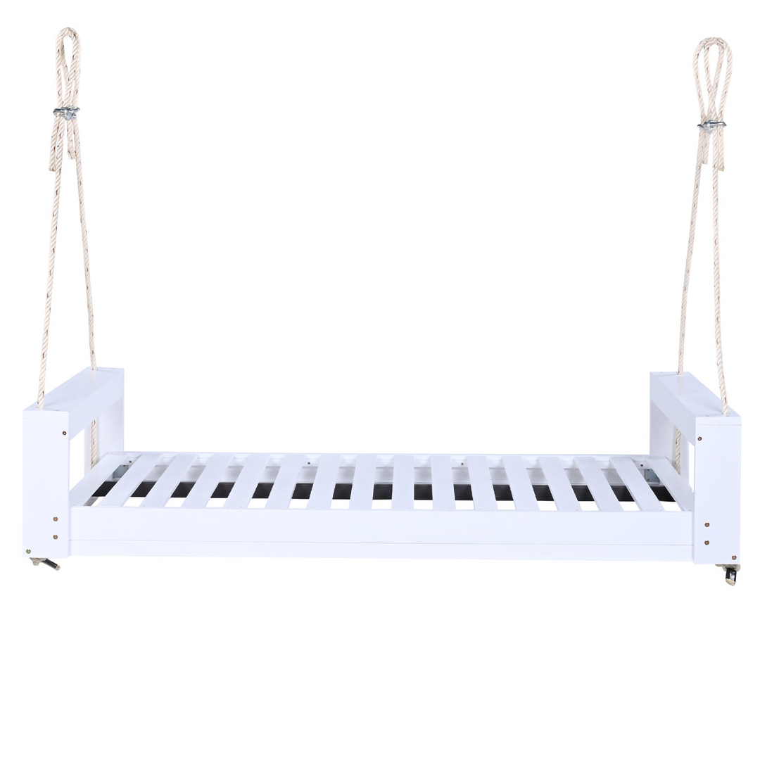 Twin Size Porch Swing Bed - Premium Acacia Wood Frame with Durable Hemp Ropes for Backyard Relaxation - Mediterranean Italian Contemporary Home Decor Furniture