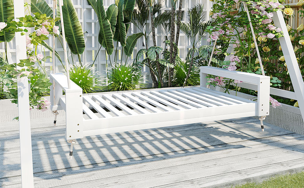 Twin Size Porch Swing Bed - Premium Acacia Wood Frame with Durable Hemp Ropes for Backyard Relaxation - Mediterranean Italian Contemporary Home Decor Furniture