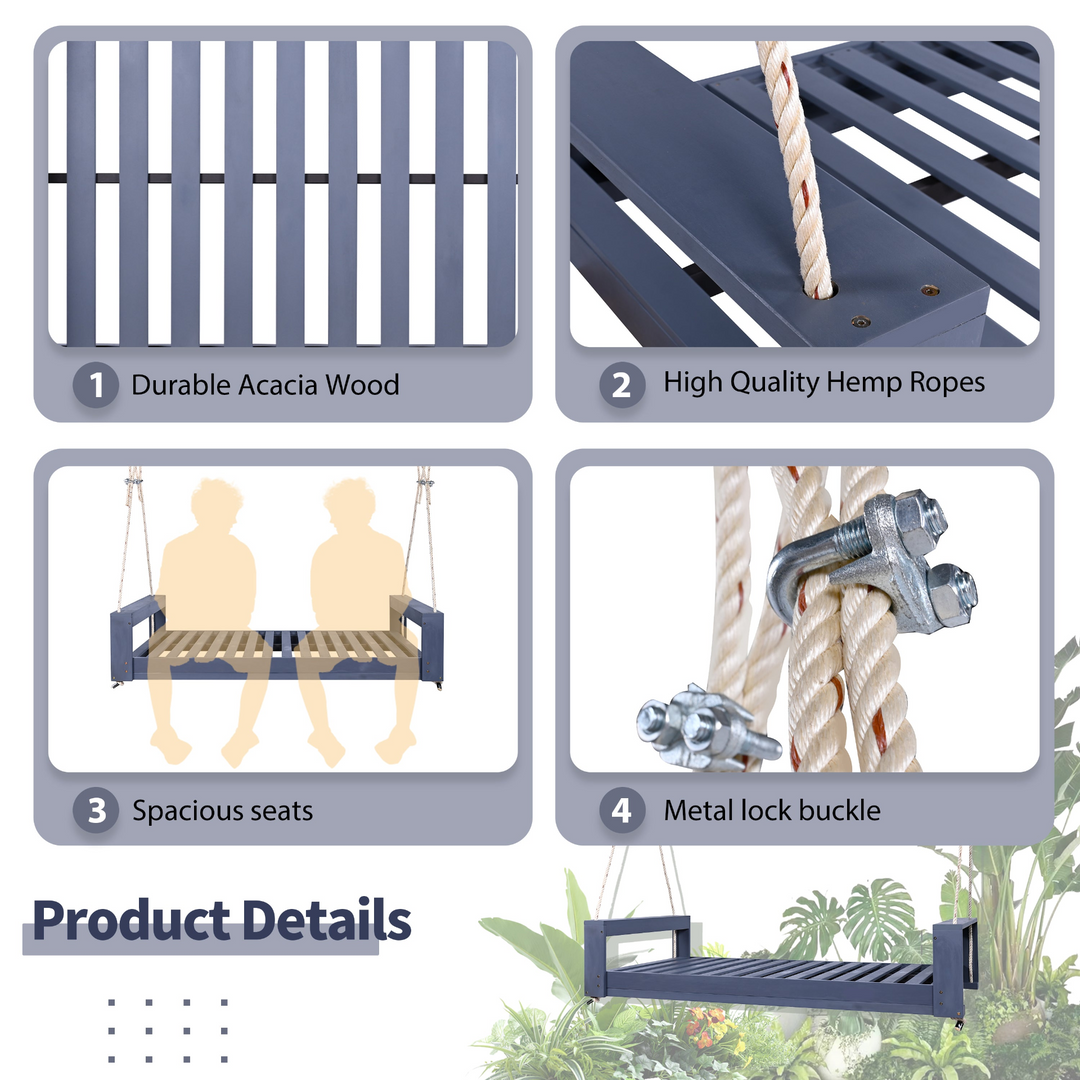 Twin Size Porch Swing Bed - Premium Acacia Wood Frame with Durable Hemp Ropes for Backyard Relaxation - Mediterranean Italian Contemporary Home Decor Furniture