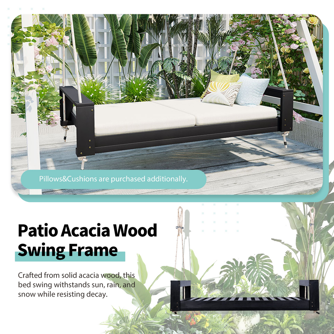 Twin Size Porch Swing Bed - Premium Acacia Wood Frame with Durable Hemp Ropes for Backyard Relaxation - Mediterranean Italian Contemporary Home Decor Furniture