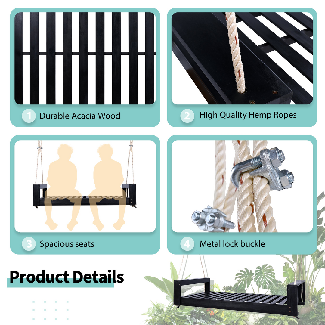 Twin Size Porch Swing Bed - Premium Acacia Wood Frame with Durable Hemp Ropes for Backyard Relaxation - Mediterranean Italian Contemporary Home Decor Furniture