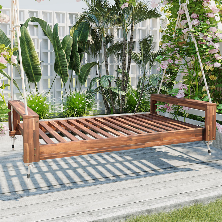 Twin Size Porch Swing Bed - Premium Acacia Wood Frame with Durable Hemp Ropes for Backyard Relaxation - Mediterranean Italian Contemporary Home Decor Furniture