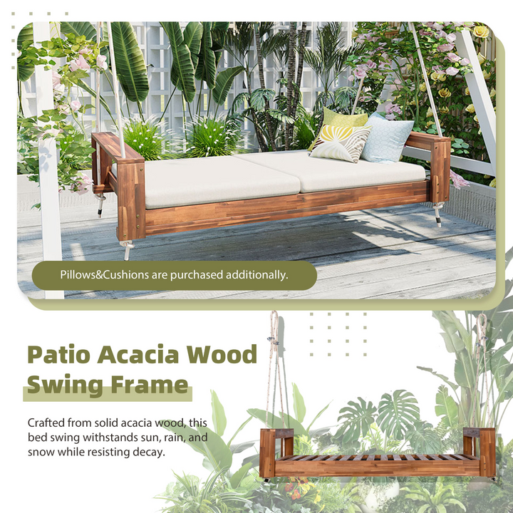 Twin Size Porch Swing Bed - Premium Acacia Wood Frame with Durable Hemp Ropes for Backyard Relaxation - Mediterranean Italian Contemporary Home Decor Furniture