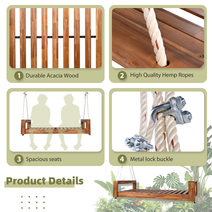 Twin Size Porch Swing Bed - Premium Acacia Wood Frame with Durable Hemp Ropes for Backyard Relaxation - Mediterranean Italian Contemporary Home Decor Furniture