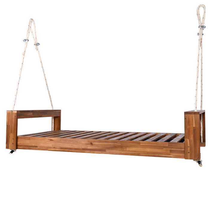 Twin Size Porch Swing Bed - Premium Acacia Wood Frame with Durable Hemp Ropes for Backyard Relaxation - Mediterranean Italian Contemporary Home Decor Furniture