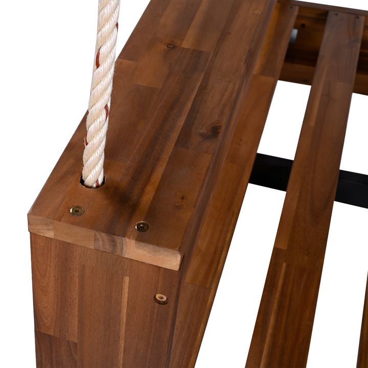 Twin Size Porch Swing Bed - Premium Acacia Wood Frame with Durable Hemp Ropes for Backyard Relaxation - Mediterranean Italian Contemporary Home Decor Furniture