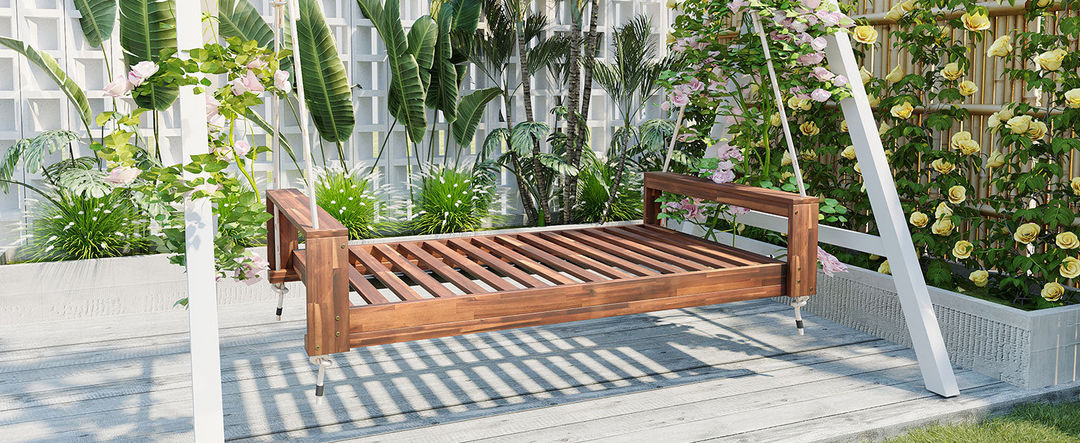 Twin Size Porch Swing Bed - Premium Acacia Wood Frame with Durable Hemp Ropes for Backyard Relaxation - Mediterranean Italian Contemporary Home Decor Furniture