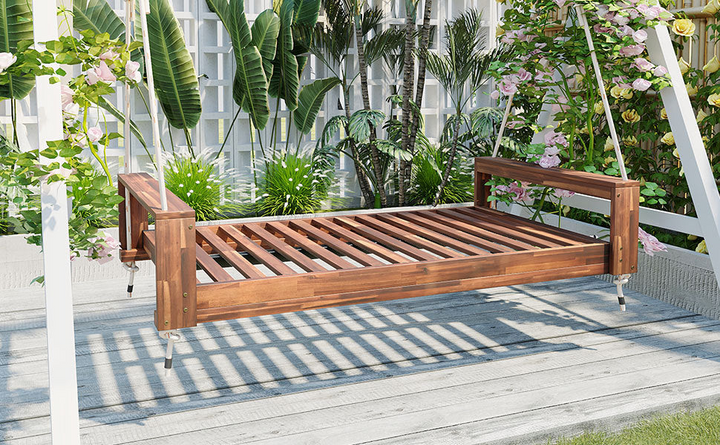 Twin Size Porch Swing Bed - Premium Acacia Wood Frame with Durable Hemp Ropes for Backyard Relaxation - Mediterranean Italian Contemporary Home Decor Furniture