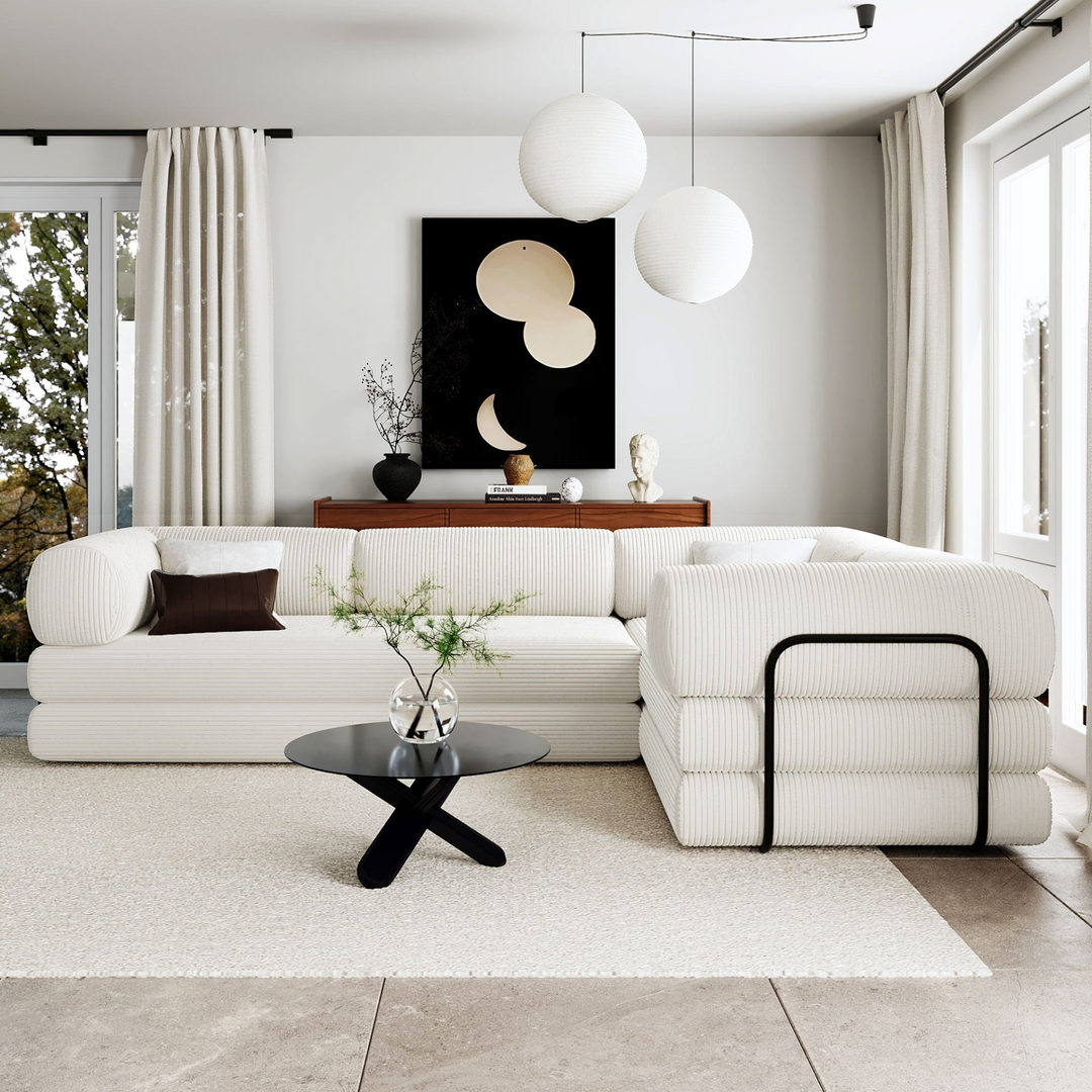 Le Marie • White L-Shaped Modular Modern European Farmhouse Style Sofa Bed in Corduroy - Mediterranean Italian Contemporary Home Decor Furniture