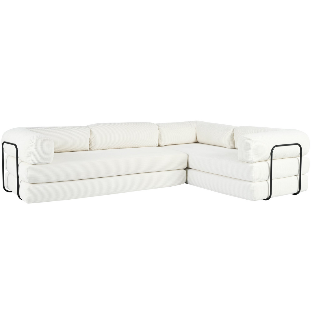 Le Marie • White L-Shaped Modular Modern European Farmhouse Style Sofa Bed in Corduroy - Mediterranean Italian Contemporary Home Decor Furniture