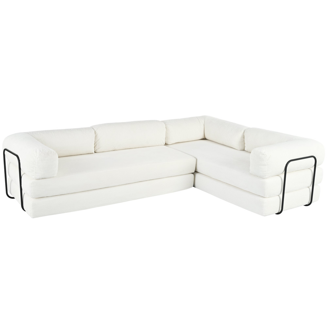 Le Marie • White L-Shaped Modular Modern European Farmhouse Style Sofa Bed in Corduroy - Mediterranean Italian Contemporary Home Decor Furniture