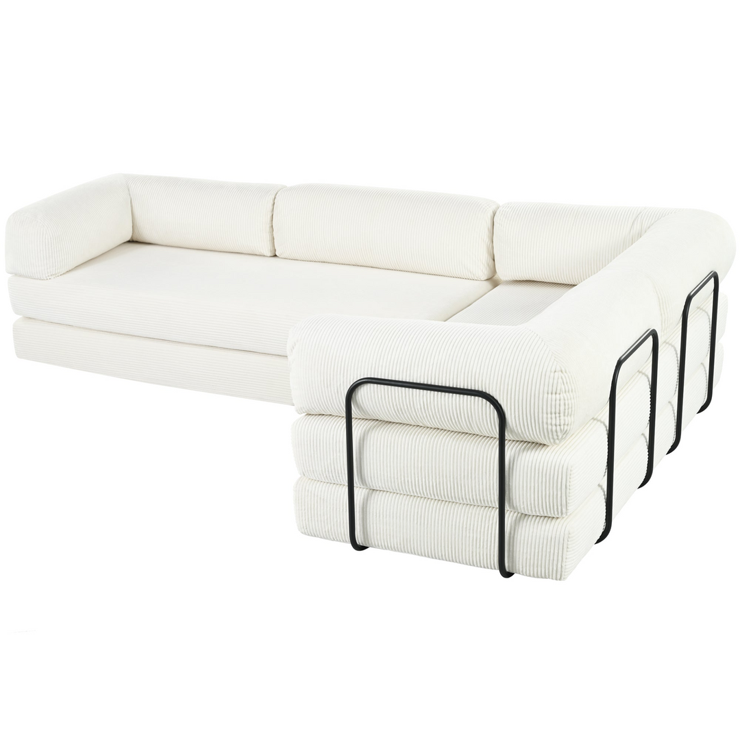 Le Marie • White L-Shaped Modular Modern European Farmhouse Style Sofa Bed in Corduroy - Mediterranean Italian Contemporary Home Decor Furniture