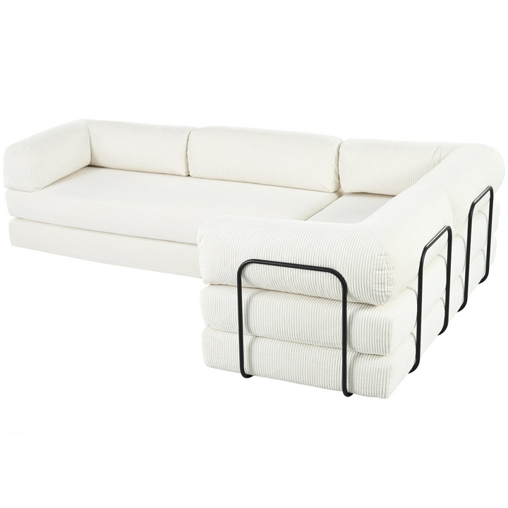 Le Marie • White L-Shaped Modular Modern European Farmhouse Style Sofa Bed in Corduroy - Mediterranean Italian Contemporary Home Decor Furniture