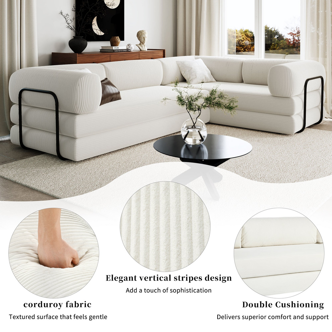 Le Marie • White L-Shaped Modular Modern European Farmhouse Style Sofa Bed in Corduroy - Mediterranean Italian Contemporary Home Decor Furniture