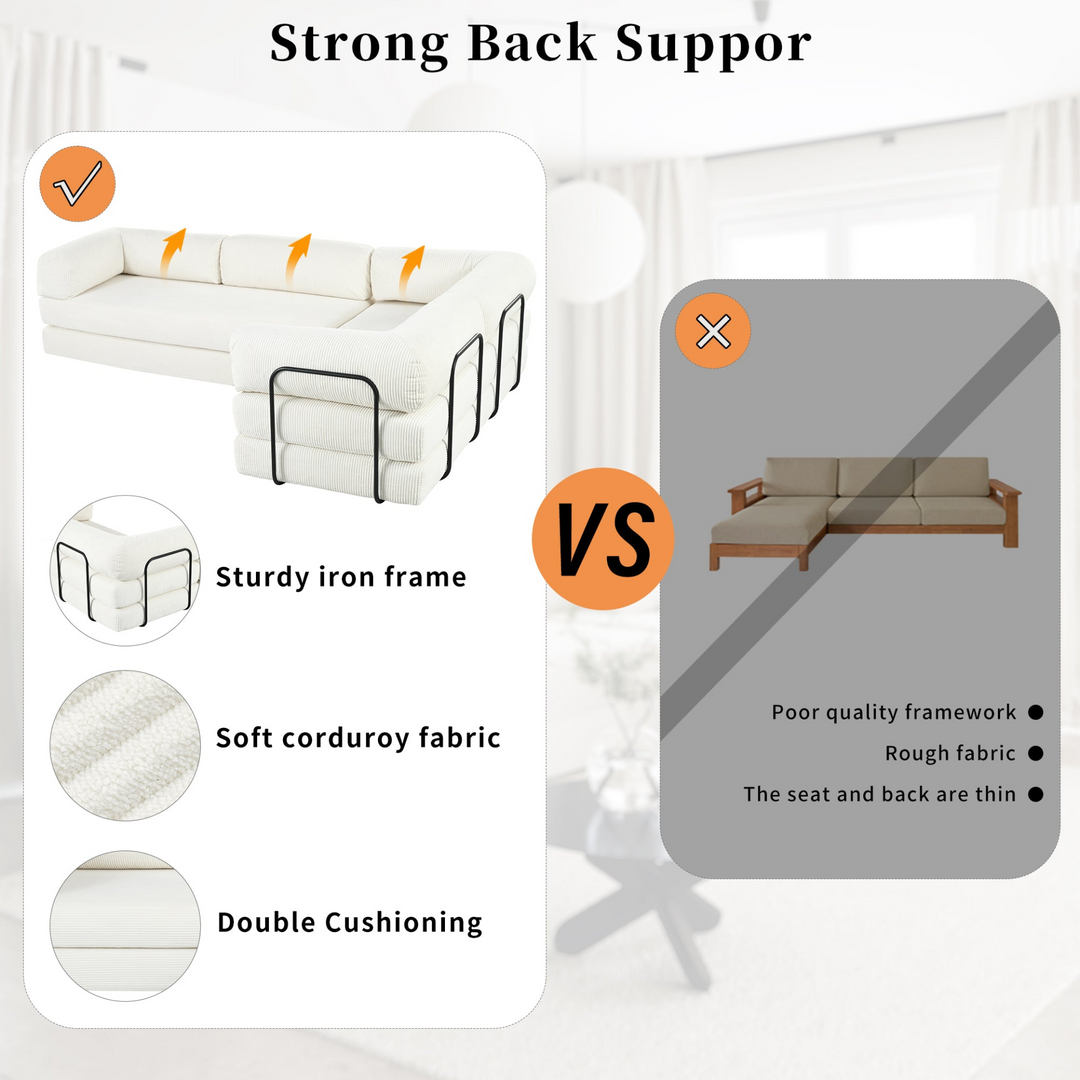 Le Marie • White L-Shaped Modular Modern European Farmhouse Style Sofa Bed in Corduroy - Mediterranean Italian Contemporary Home Decor Furniture