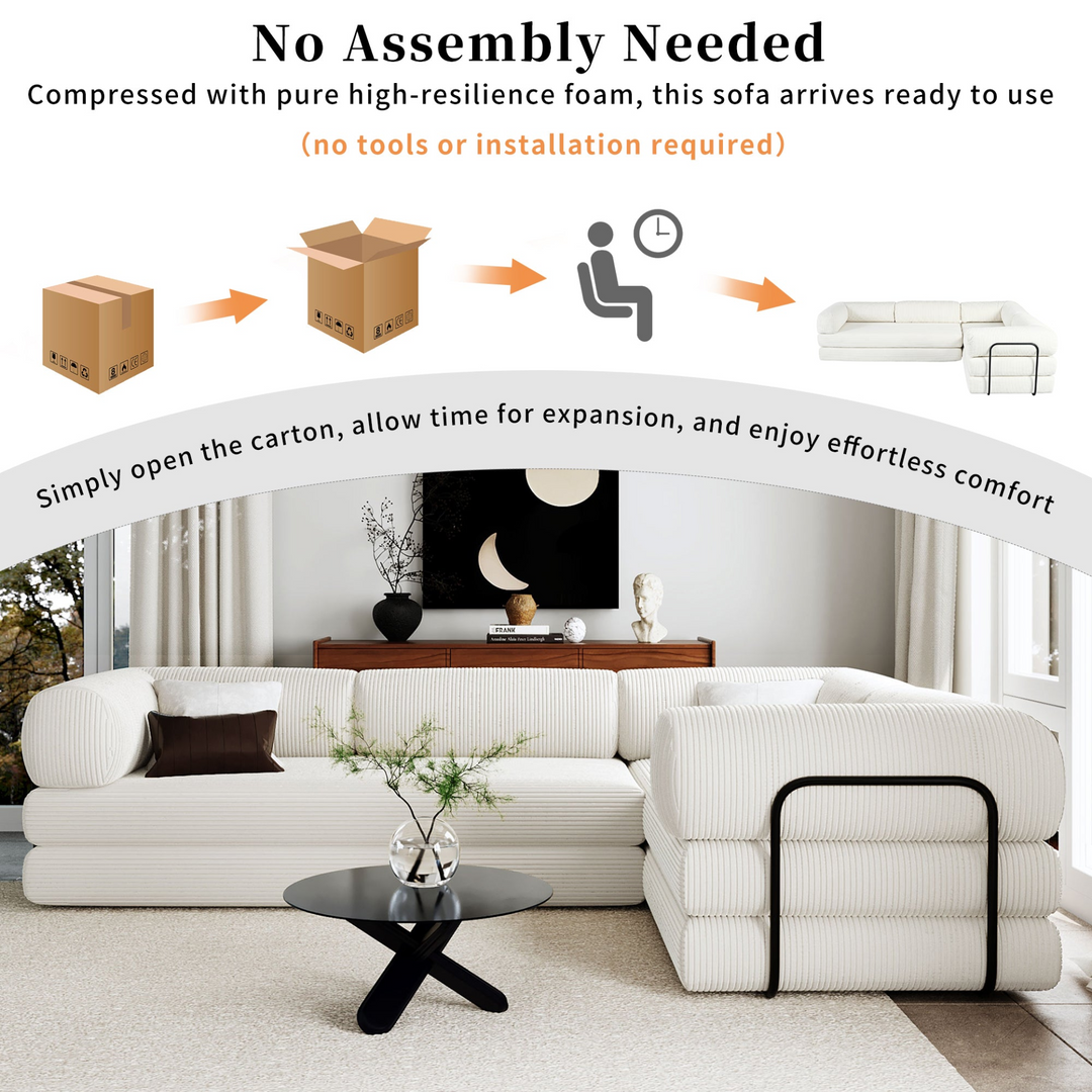 Le Marie • White L-Shaped Modular Modern European Farmhouse Style Sofa Bed in Corduroy - Mediterranean Italian Contemporary Home Decor Furniture