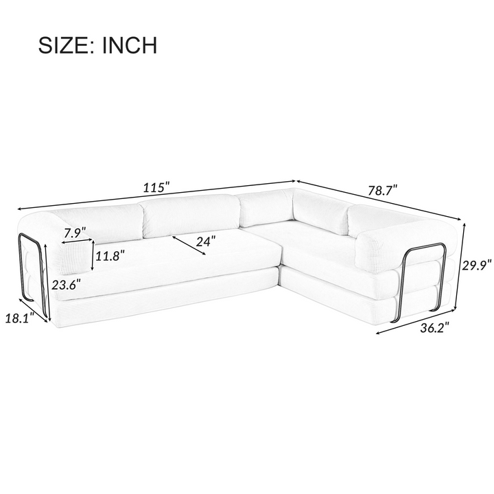 Le Marie • White L-Shaped Modular Modern European Farmhouse Style Sofa Bed in Corduroy - Mediterranean Italian Contemporary Home Decor Furniture