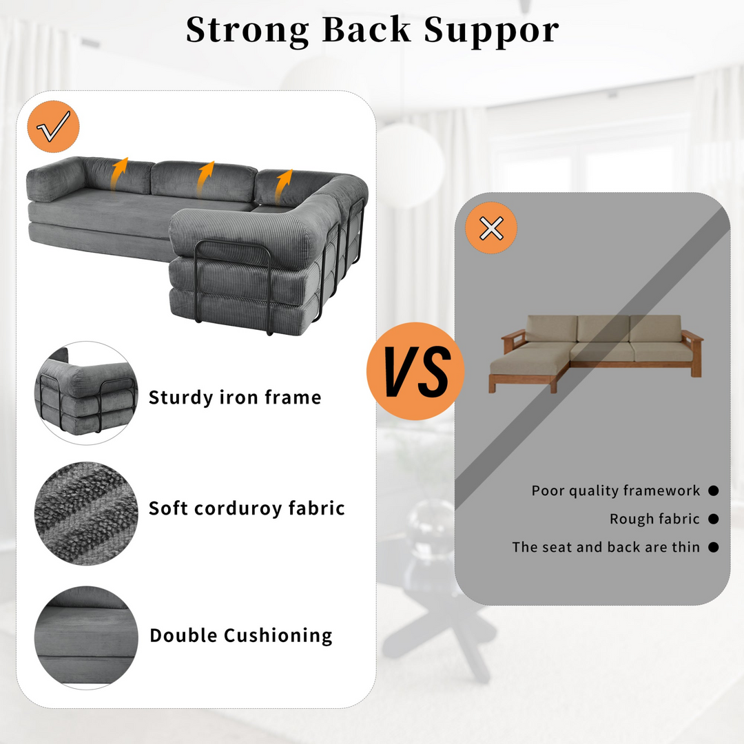 Le Marie • White L-Shaped Modular Modern European Farmhouse Style Sofa Bed in Corduroy - Mediterranean Italian Contemporary Home Decor Furniture