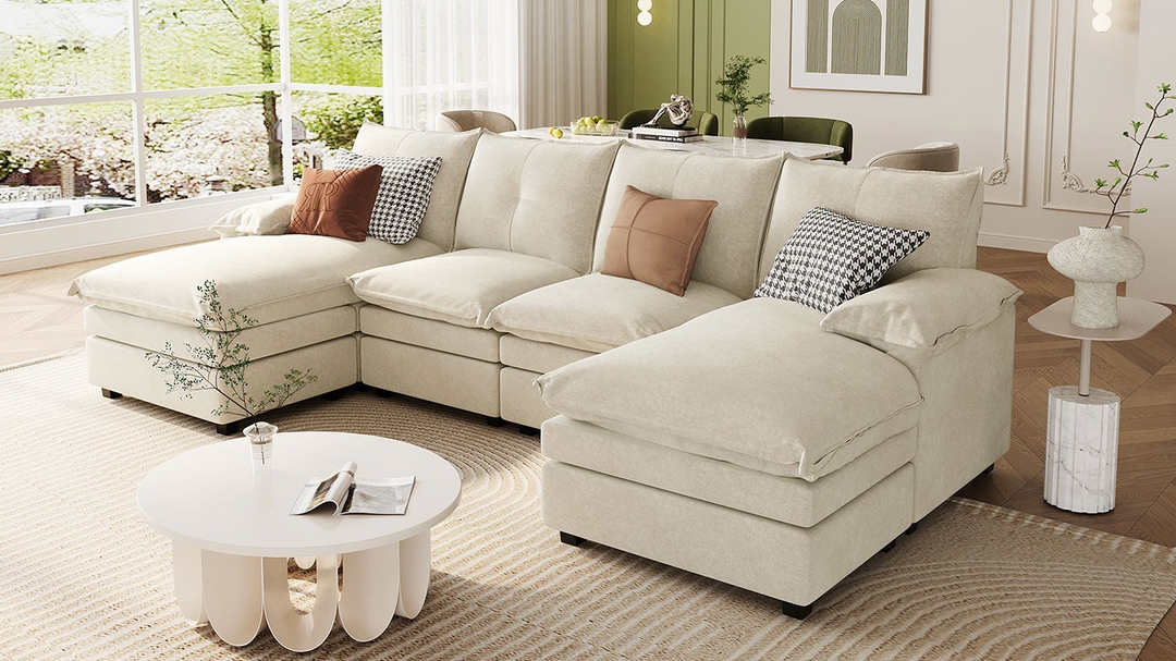 Buy farmhouse furniture U-Shaped Chenille Sectional Sofa with Adjustable Armrest and Pillows for Living Rooms, Offices - Modern Cottage Farmhouse Furniture
