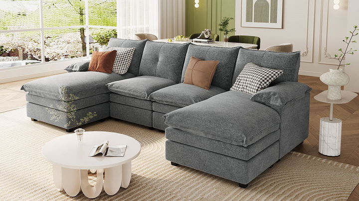 Buy farmhouse furniture U-Shaped Chenille Sectional Sofa with Adjustable Armrest and Pillows for Living Rooms, Offices - Modern Cottage Farmhouse Furniture