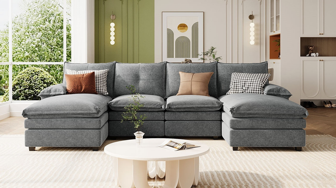 Buy farmhouse furniture U-Shaped Chenille Sectional Sofa with Adjustable Armrest and Pillows for Living Rooms, Offices - Modern Cottage Farmhouse Furniture