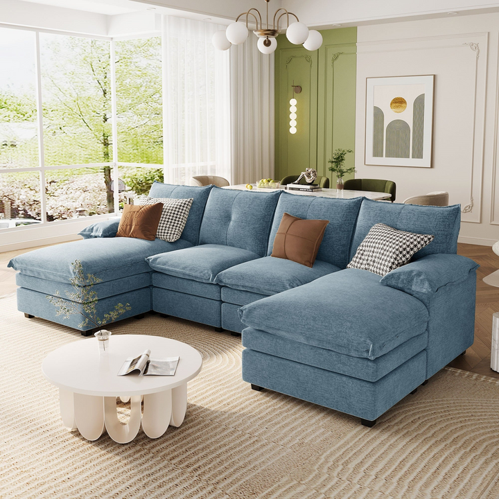 Buy farmhouse furniture U-Shaped Chenille Sectional Sofa with Adjustable Armrest and Pillows for Living Rooms, Offices - Modern Cottage Farmhouse Furniture