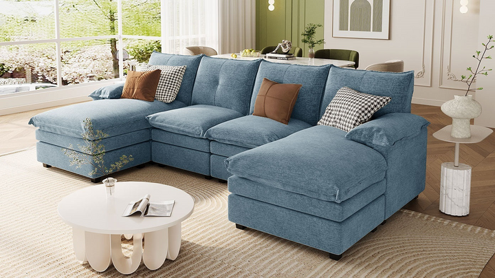 Buy farmhouse furniture U-Shaped Chenille Sectional Sofa with Adjustable Armrest and Pillows for Living Rooms, Offices - Modern Cottage Farmhouse Furniture