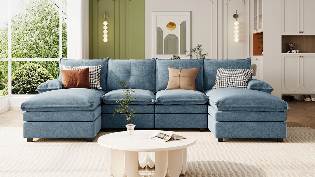 Buy farmhouse furniture U-Shaped Chenille Sectional Sofa with Adjustable Armrest and Pillows for Living Rooms, Offices - Modern Cottage Farmhouse Furniture