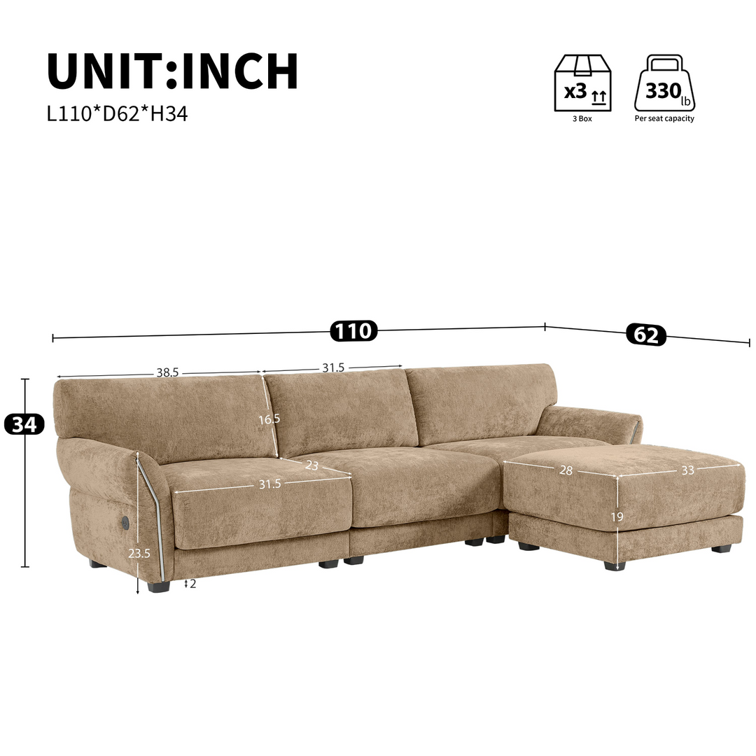 Modular Sectional Sofa with Extra-Wide Cushion, USB/Type-C Charger, Petal Armrests - Mediterranean Tuscan Contemporary Home Decor Furniture