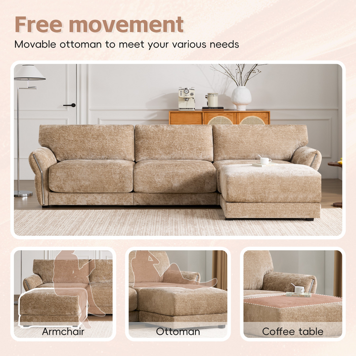 Modular Sectional Sofa with Extra-Wide Cushion, USB/Type-C Charger, Petal Armrests - Mediterranean Tuscan Contemporary Home Decor Furniture