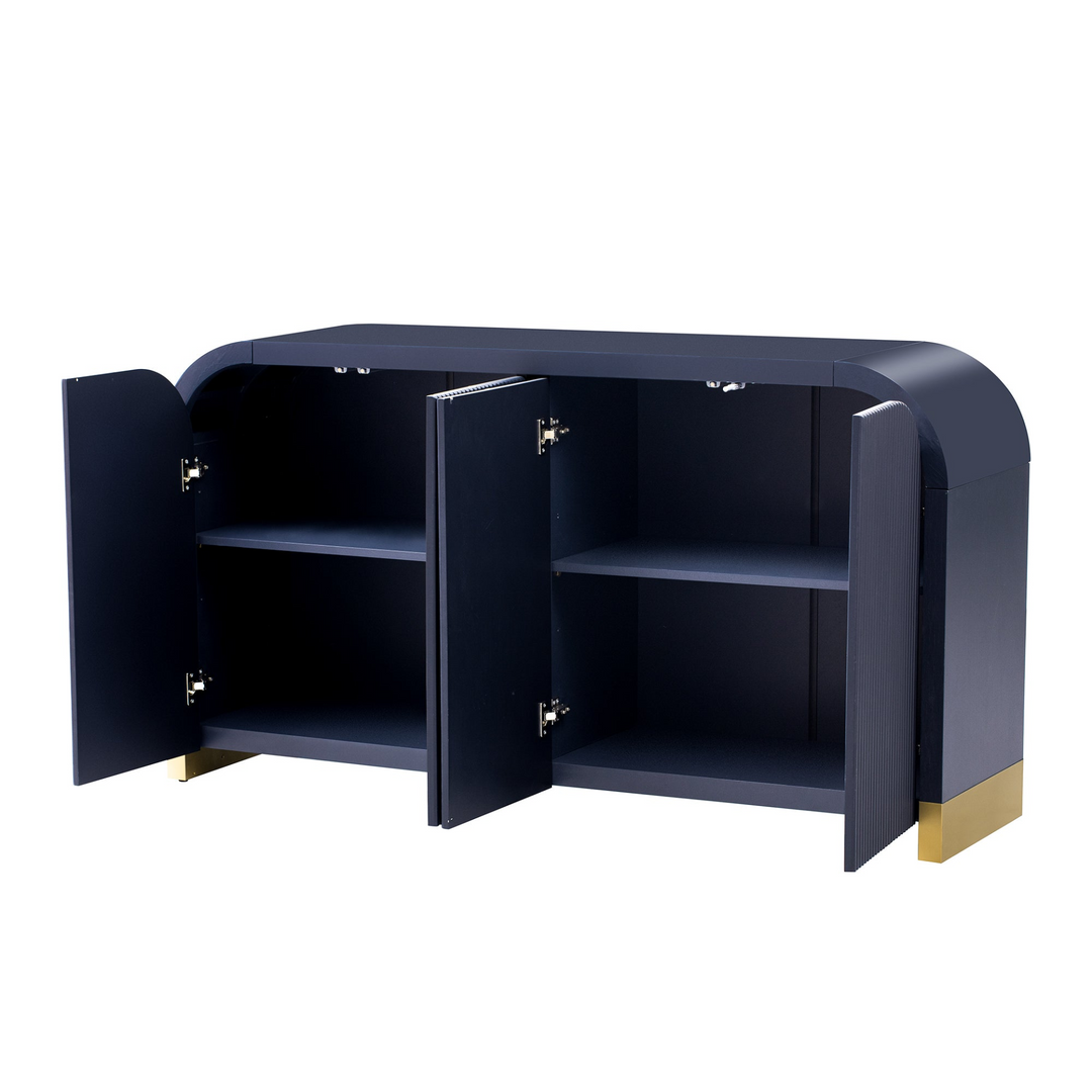 Buy farmhouse furniture Navy Blue 4-Door Curved Corner Wavy Door Panel Cabinet with Adjustable Shelves for Home - Modern Cottage Farmhouse Furniture