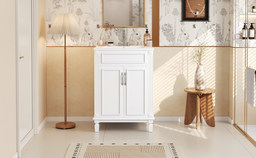 Buy farmhouse furniture Modern Bathroom Vanity with Integrated Sink, Soft-Closing Storage Cabinet - Durable Wood & MDF - Easy-to-Clean Ceramic Basin - Adjustable Shelf - 24" - Modern Cottage Farmhouse Furniture