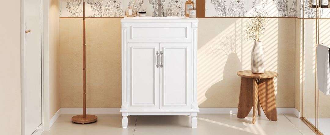 Buy farmhouse furniture Modern Bathroom Vanity with Integrated Sink, Soft-Closing Storage Cabinet - Durable Wood & MDF - Easy-to-Clean Ceramic Basin - Adjustable Shelf - 24" - Modern Cottage Farmhouse Furniture