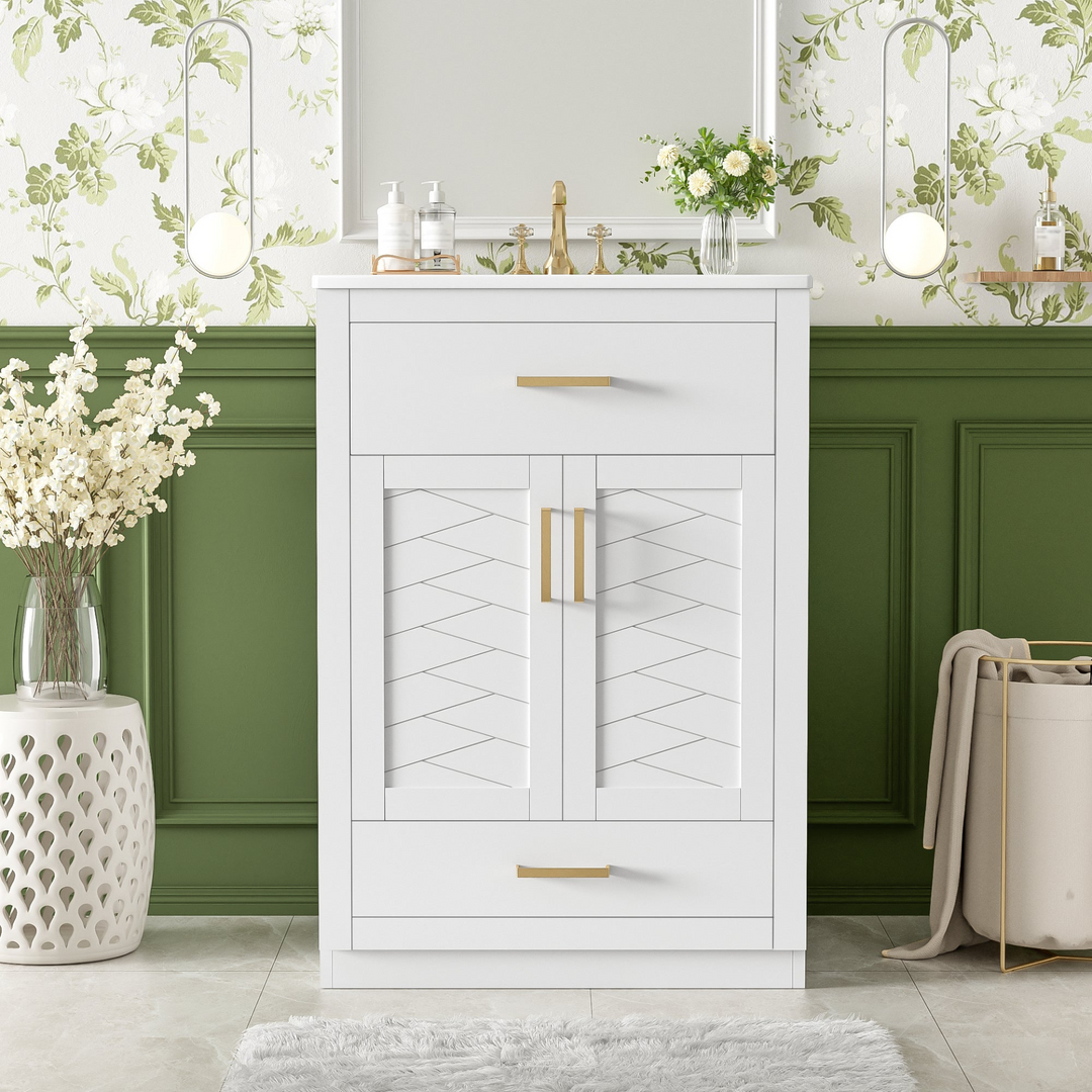 Buy farmhouse furniture Modern Bathroom Vanity with Integrated Ceramic Sink, Double Door Cabinet & Tip-Out Drawer – Space-Saving Design for Small to Medium Bathrooms - Modern Cottage Farmhouse Furniture
