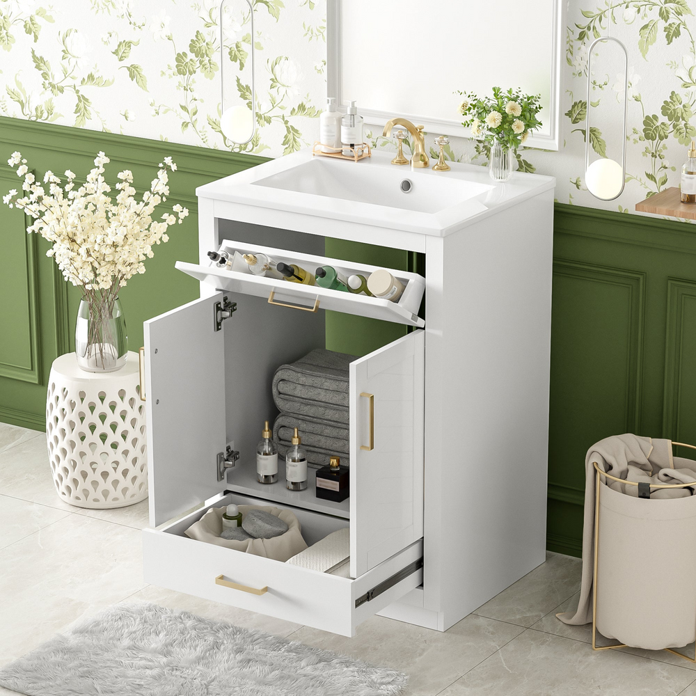 Buy farmhouse furniture Modern Bathroom Vanity with Integrated Ceramic Sink, Double Door Cabinet & Tip-Out Drawer – Space-Saving Design for Small to Medium Bathrooms - Modern Cottage Farmhouse Furniture