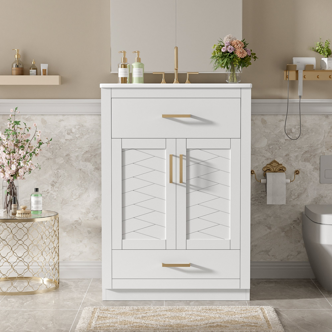 Buy farmhouse furniture Modern Bathroom Vanity with Integrated Ceramic Sink, Double Door Cabinet & Tip-Out Drawer – Space-Saving Design for Small to Medium Bathrooms - Modern Cottage Farmhouse Furniture