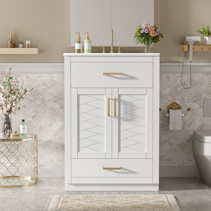 Buy farmhouse furniture Modern Bathroom Vanity with Integrated Ceramic Sink, Double Door Cabinet & Tip-Out Drawer – Space-Saving Design for Small to Medium Bathrooms - Modern Cottage Farmhouse Furniture