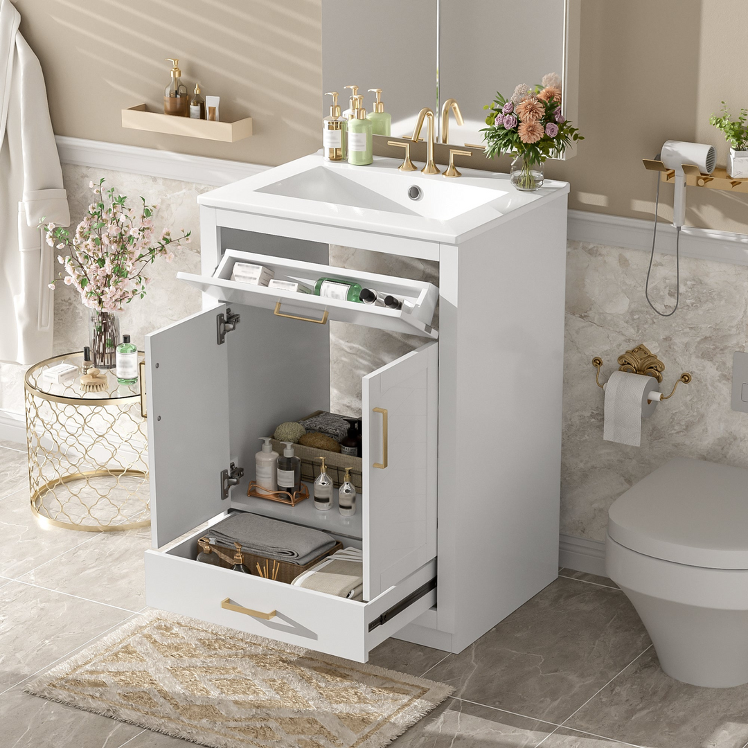 Buy farmhouse furniture Modern Bathroom Vanity with Integrated Ceramic Sink, Double Door Cabinet & Tip-Out Drawer – Space-Saving Design for Small to Medium Bathrooms - Modern Cottage Farmhouse Furniture