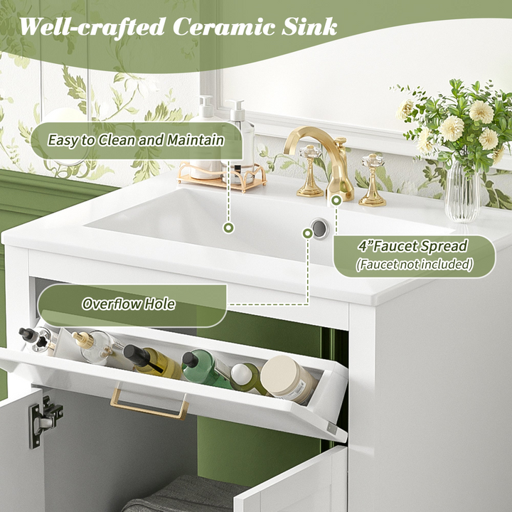 Buy farmhouse furniture Modern Bathroom Vanity with Integrated Ceramic Sink, Double Door Cabinet & Tip-Out Drawer – Space-Saving Design for Small to Medium Bathrooms - Modern Cottage Farmhouse Furniture