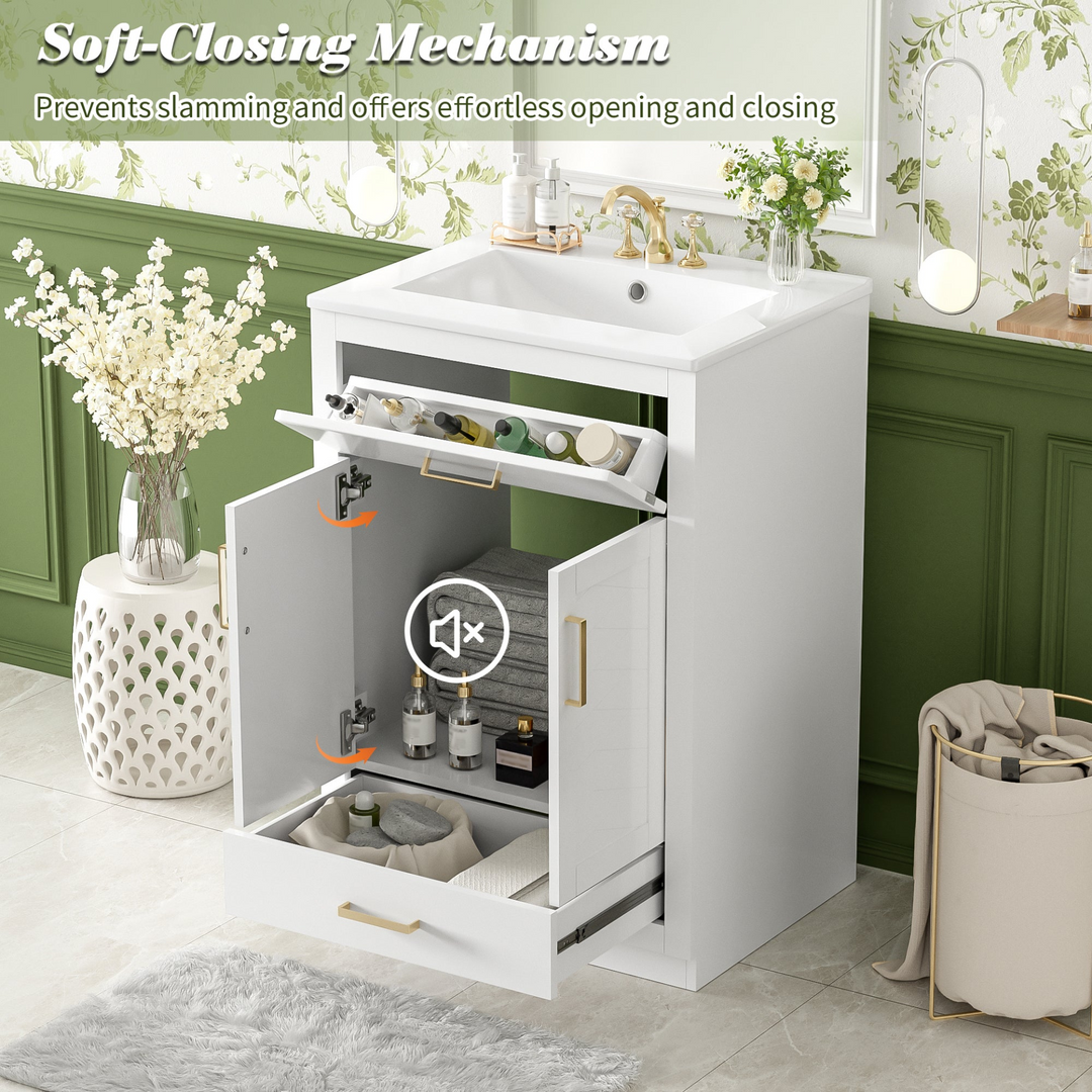 Buy farmhouse furniture Modern Bathroom Vanity with Integrated Ceramic Sink, Double Door Cabinet & Tip-Out Drawer – Space-Saving Design for Small to Medium Bathrooms - Modern Cottage Farmhouse Furniture