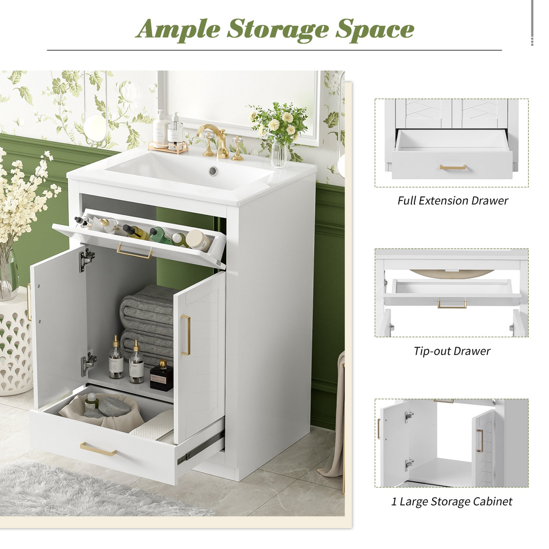 Buy farmhouse furniture Modern Bathroom Vanity with Integrated Ceramic Sink, Double Door Cabinet & Tip-Out Drawer – Space-Saving Design for Small to Medium Bathrooms - Modern Cottage Farmhouse Furniture