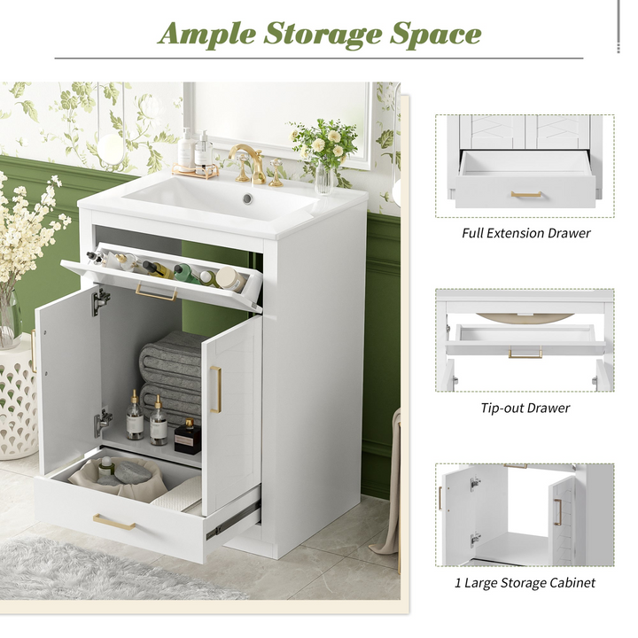 Buy farmhouse furniture Modern Bathroom Vanity with Integrated Ceramic Sink, Double Door Cabinet & Tip-Out Drawer – Space-Saving Design for Small to Medium Bathrooms - Modern Cottage Farmhouse Furniture