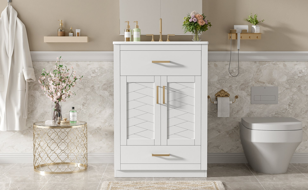 Buy farmhouse furniture Modern Bathroom Vanity with Integrated Ceramic Sink, Double Door Cabinet & Tip-Out Drawer – Space-Saving Design for Small to Medium Bathrooms - Modern Cottage Farmhouse Furniture