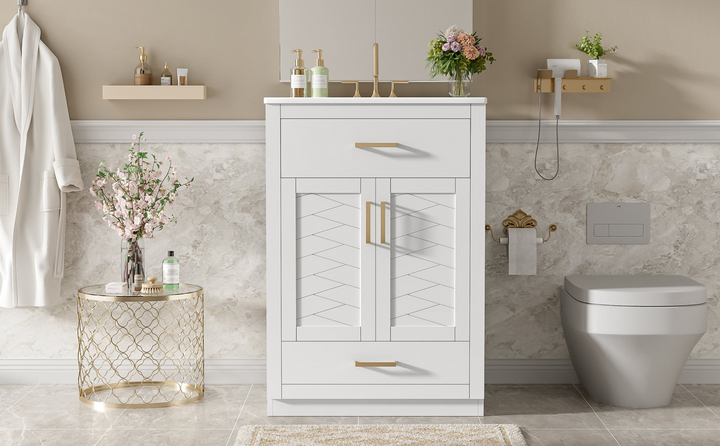Buy farmhouse furniture Modern Bathroom Vanity with Integrated Ceramic Sink, Double Door Cabinet & Tip-Out Drawer – Space-Saving Design for Small to Medium Bathrooms - Modern Cottage Farmhouse Furniture