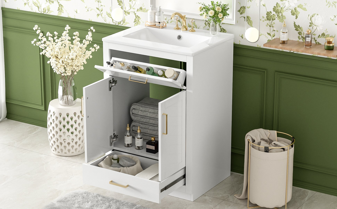 Buy farmhouse furniture Modern Bathroom Vanity with Integrated Ceramic Sink, Double Door Cabinet & Tip-Out Drawer – Space-Saving Design for Small to Medium Bathrooms - Modern Cottage Farmhouse Furniture