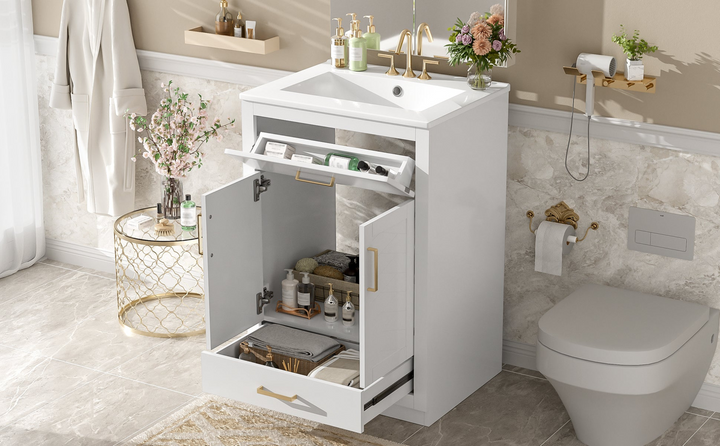 Buy farmhouse furniture Modern Bathroom Vanity with Integrated Ceramic Sink, Double Door Cabinet & Tip-Out Drawer – Space-Saving Design for Small to Medium Bathrooms - Modern Cottage Farmhouse Furniture