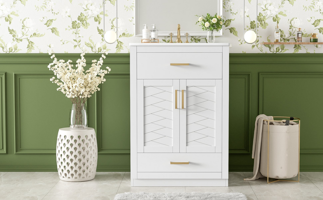 Buy farmhouse furniture Modern Bathroom Vanity with Integrated Ceramic Sink, Double Door Cabinet & Tip-Out Drawer – Space-Saving Design for Small to Medium Bathrooms - Modern Cottage Farmhouse Furniture