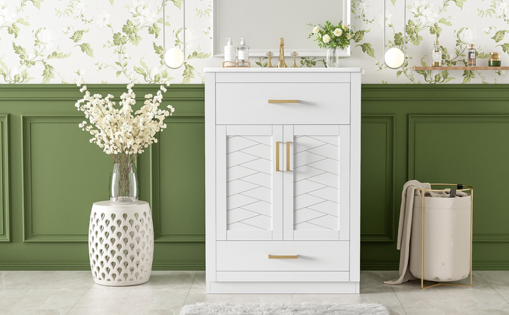 Buy farmhouse furniture Modern Bathroom Vanity with Integrated Ceramic Sink, Double Door Cabinet & Tip-Out Drawer – Space-Saving Design for Small to Medium Bathrooms - Modern Cottage Farmhouse Furniture